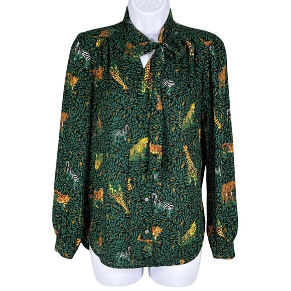 J.Crew Womens Green Jungle Print Long Sleeve Button Up Blouse Tie Neck XXS Artsy - Picture 7 of 15
